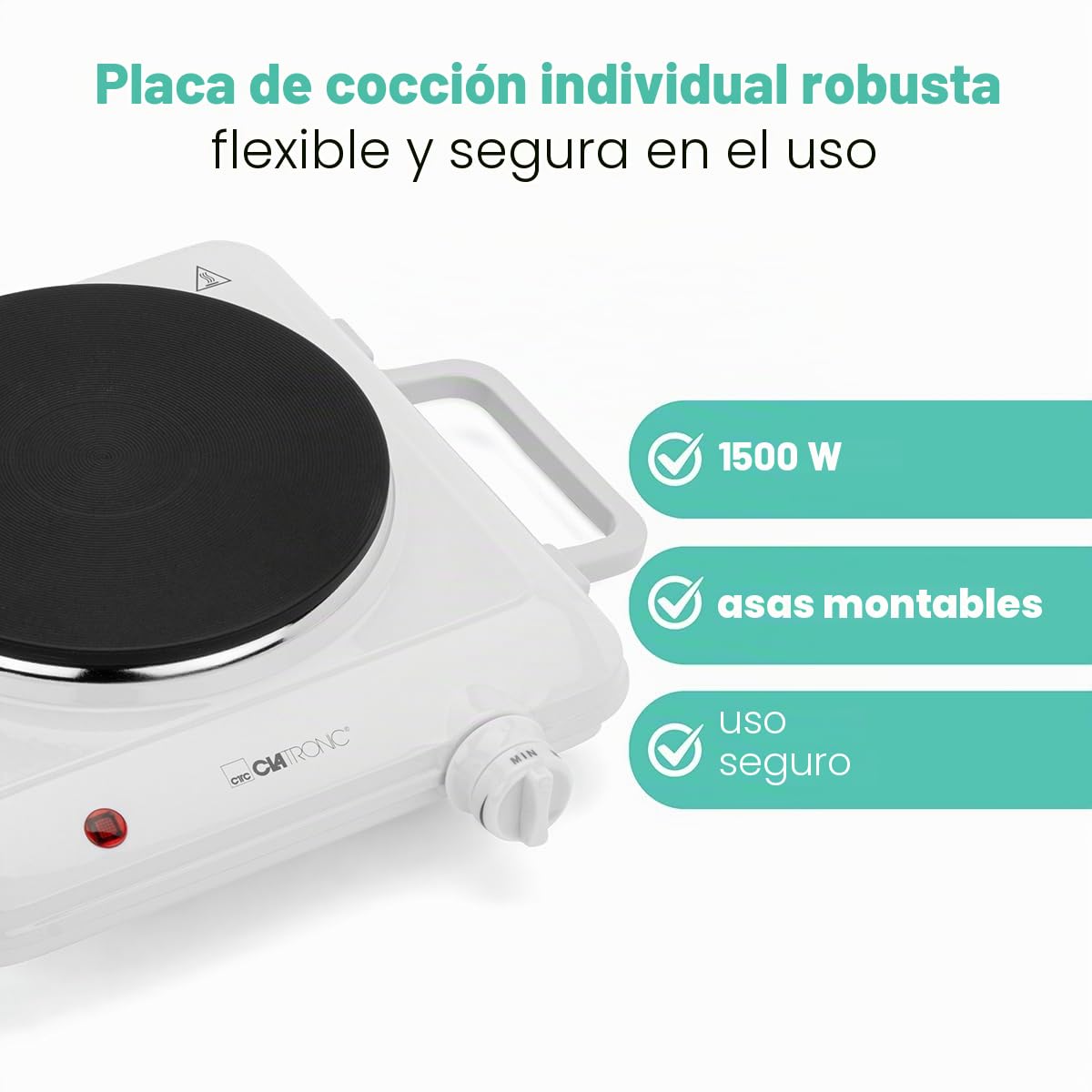 Placa de cocción individual Clatronic DKP 3582, 1500W, ideal para camping, cocina u oficina, placa de cocción grande Ø 18 cm, termostato regulable sin escalonamientos, indicador luminoso, blanco