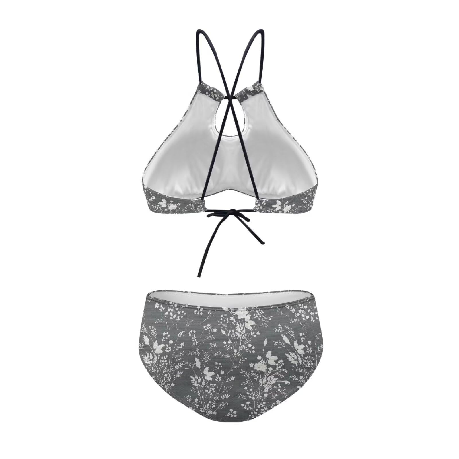 Brosoneto Two Piece Gray Floral Prints Bikini Set Sexy Swimsuit Cheeky Bathing Suits Strappy Swimwear Back Tie Bikini Sexy Swimwear for Women Fit