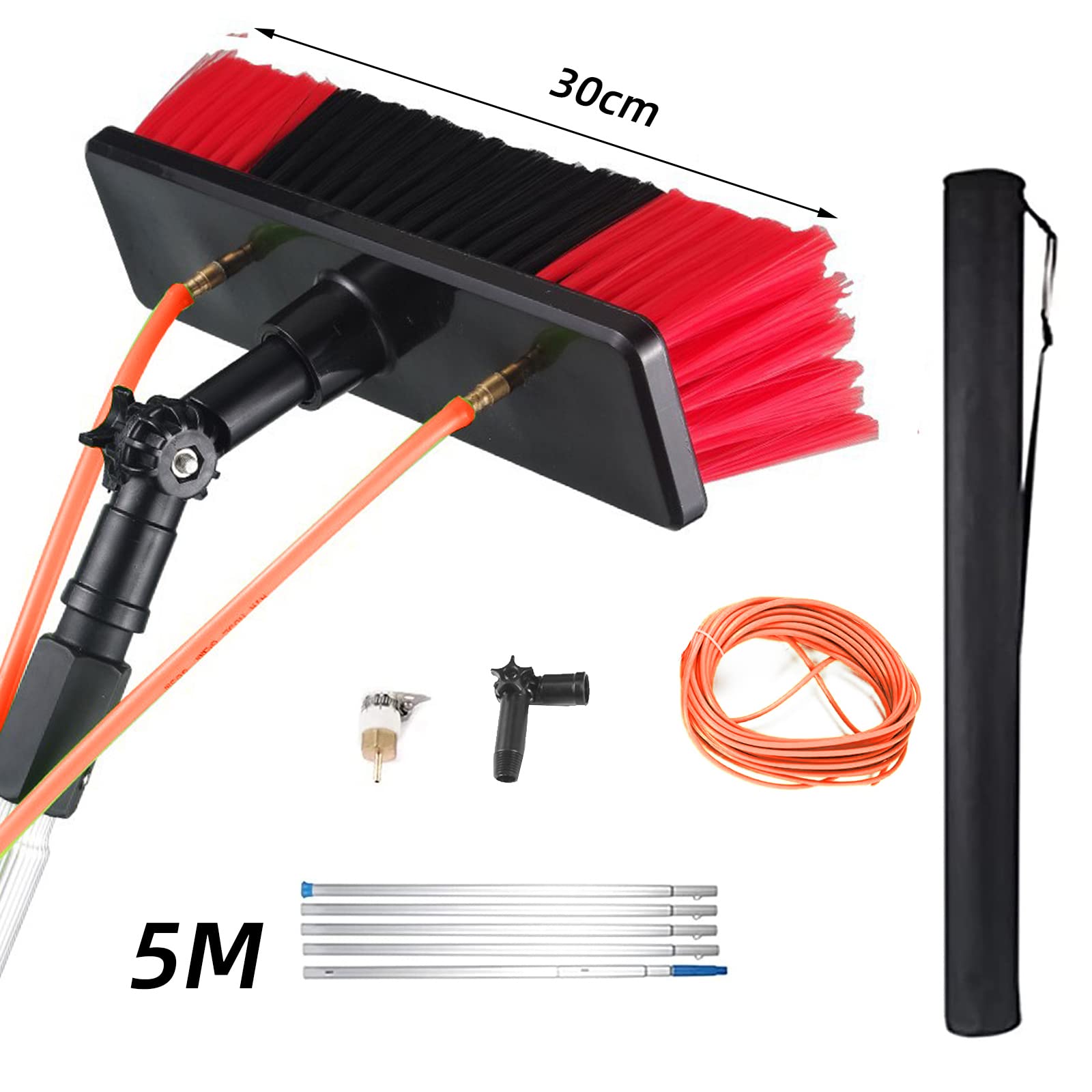 MENAYODA Barra telescópica de 5-10 m, cepillo de limpieza extensible para paneles solares fotovoltaicos, ventanas y lavado de coches (barra de 5 m, cepillo de 30 cm)