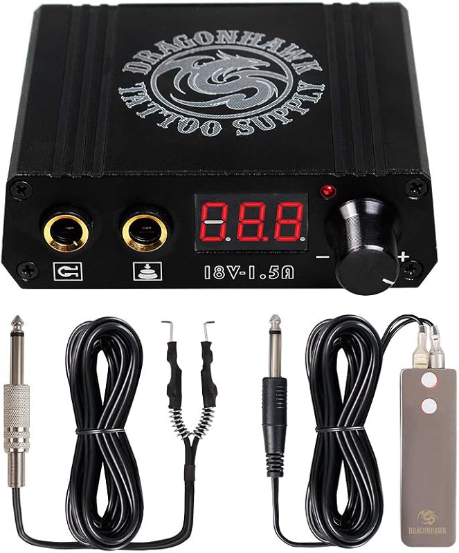 Fonte de alimentação Dragonhawk para máquina de tatuagem com tela LCD, pedal e clip cord P076, preta