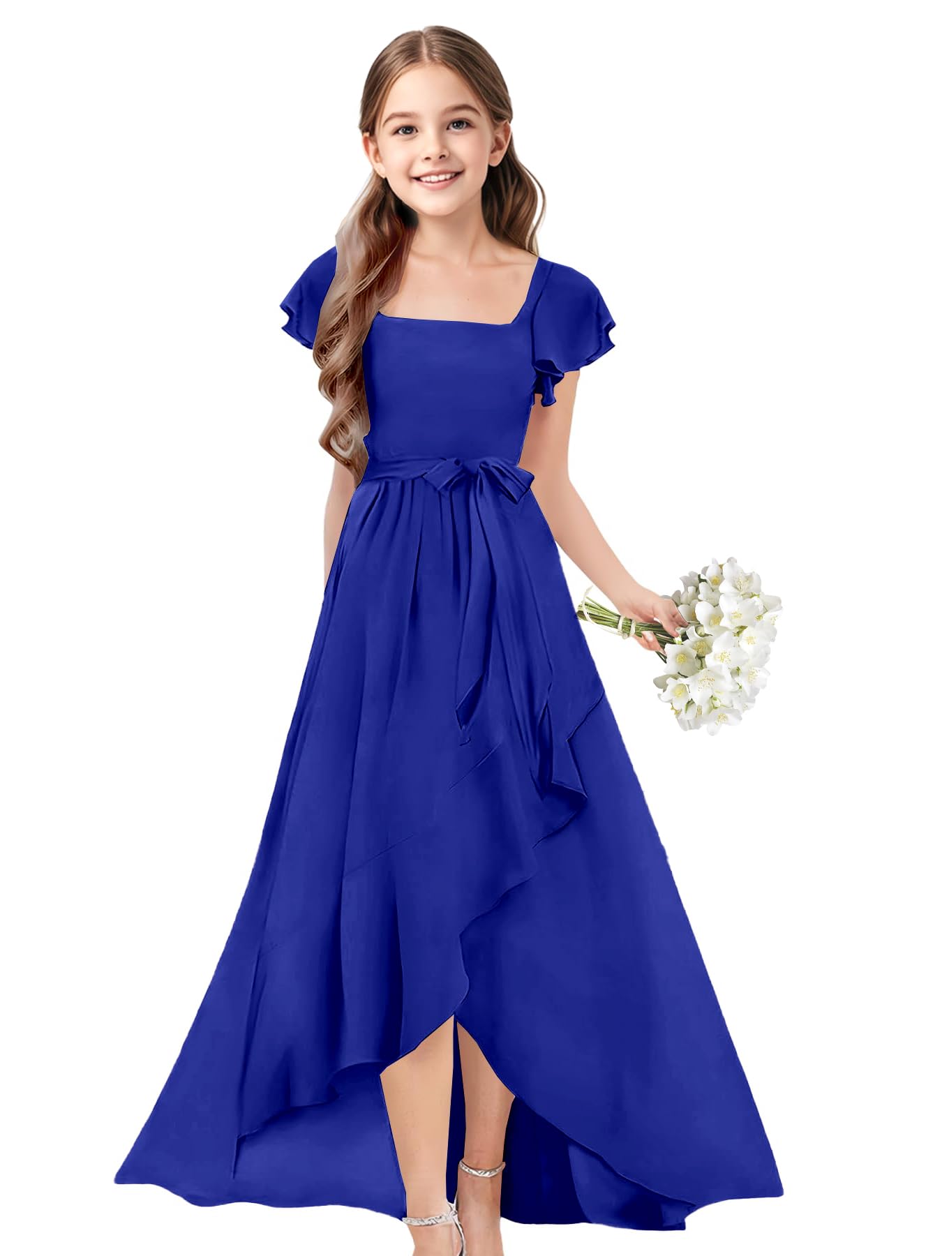 EMOZOM Chiffon Flower Girls Dresses Cap Sleeve Junior Bridesmaid Dress A Line Girls Wedding Party Dress
