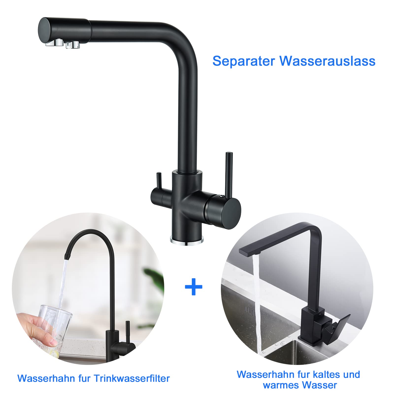 Grifería de Cocina Agua Potable con 3 Vías osmosis integrado con Caño Flexible 360° Giratorio Robinetterie Doble Mango 3 en 1 para Purificador de Filtro de Aguay En Latón Negro