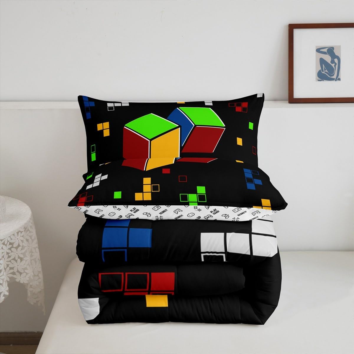 Kids Gamepad Bedding Set Toddler Size,Reversible Gamer Comforter Set for Boys Girls Teens Men Room Decor,Miner Theme Video Games Quilt Set Colorful Geometric Plaid Duvet Insert,1 Pillowcase