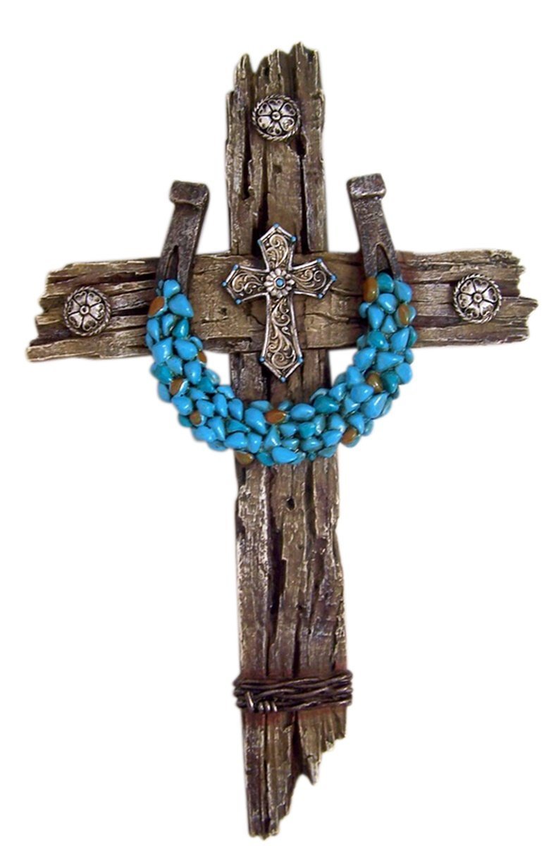 Rustic Wood Look Resin Wall Cross with Turquoise Accent Horseshoe, 32cm