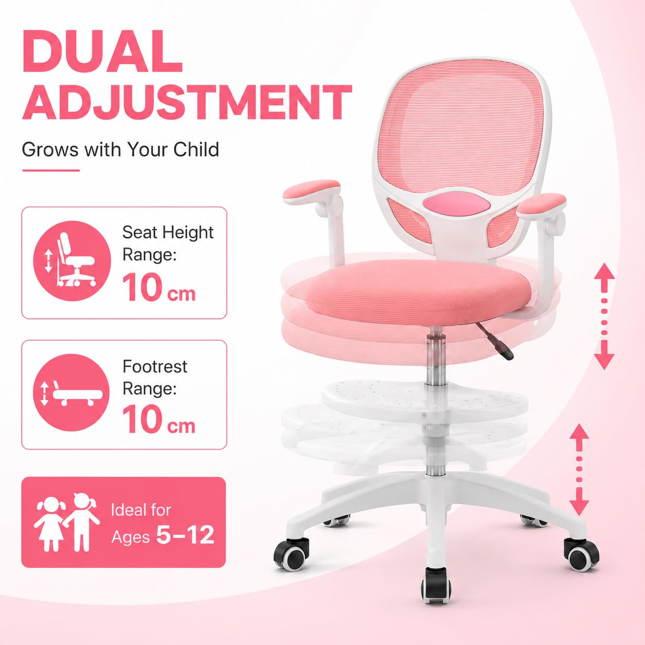 Sedia da scrivania per bambini, regolabile in altezza, 50 kg, rosa | rete, schiuma, forma a sella, pieghevole a 90°, 50 kg, ruote a gravità, girevole a 360°, seduta da 10 cm + poggiapiedi, 5-13J