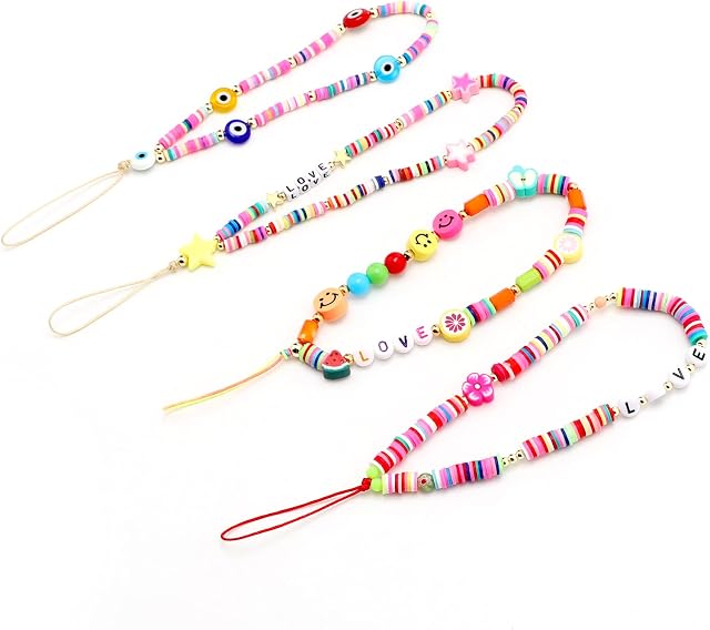 AIEX 4pcs Colorful Phone Lanyard Beaded Phone Charm Wrist Strap Rainbow Smiling Face Clay Flower Fruit Star-shaped Clay Letters Handmade Acrylic Beads Key Chain Accessory for Women Girls