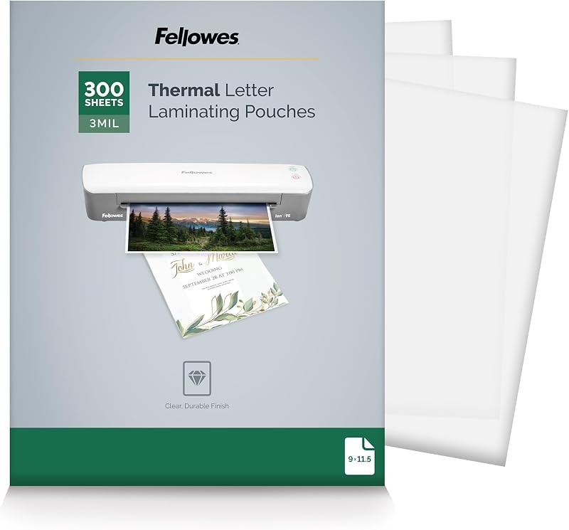 Bolsas para laminar transparentes térmicas Fellowes, hojas tamaño carta, 3 mil, paquete de 300 | Protección premium, apto para borrado en seco, perfecto para proyectos y útiles escolares en el aula, para usar con todos los laminadores térmicos