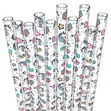 Fiesta First 10 Short Reusable Transparent Hard Plastic Drinking Straws, Unicorns and Cats Print Des