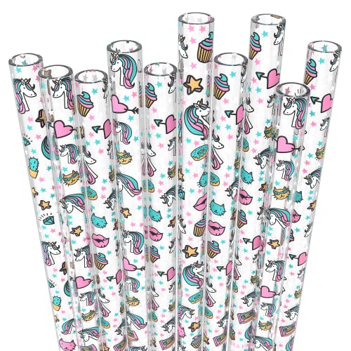 Fiesta First 10 Short Reusable Transparent Hard Plastic Drinking Straws, Unicorns And Cats Print Design + Sturdy Cleaning Brush - For Kids, Small Cups - Bpa Pfoa Free #TOP7