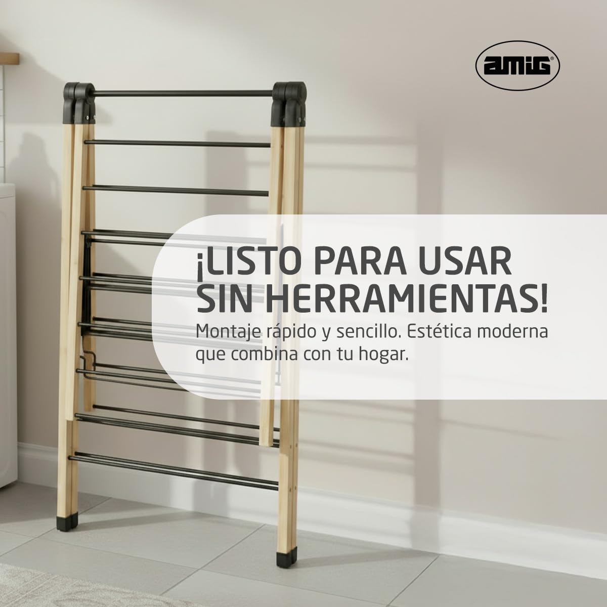 Amig - Tendedero con Alas Plegables Mod. Aeria Naturdry - Acero Epoxi y Bambú - Fácil Montaje y Plegado - 13 m de Espacio de Secado - Medidas 137 x 62 x 92 cm - Color Negro/Bambú