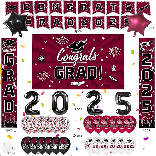 Image of Graduation Decorations Class of 2025,Red Themed Graduation Decorations Party Set Includes Backdrop Banner, Hanging Swirl,Door Banner,2025 Foil Balloons, Latex Balloons for Senior School Celebrations