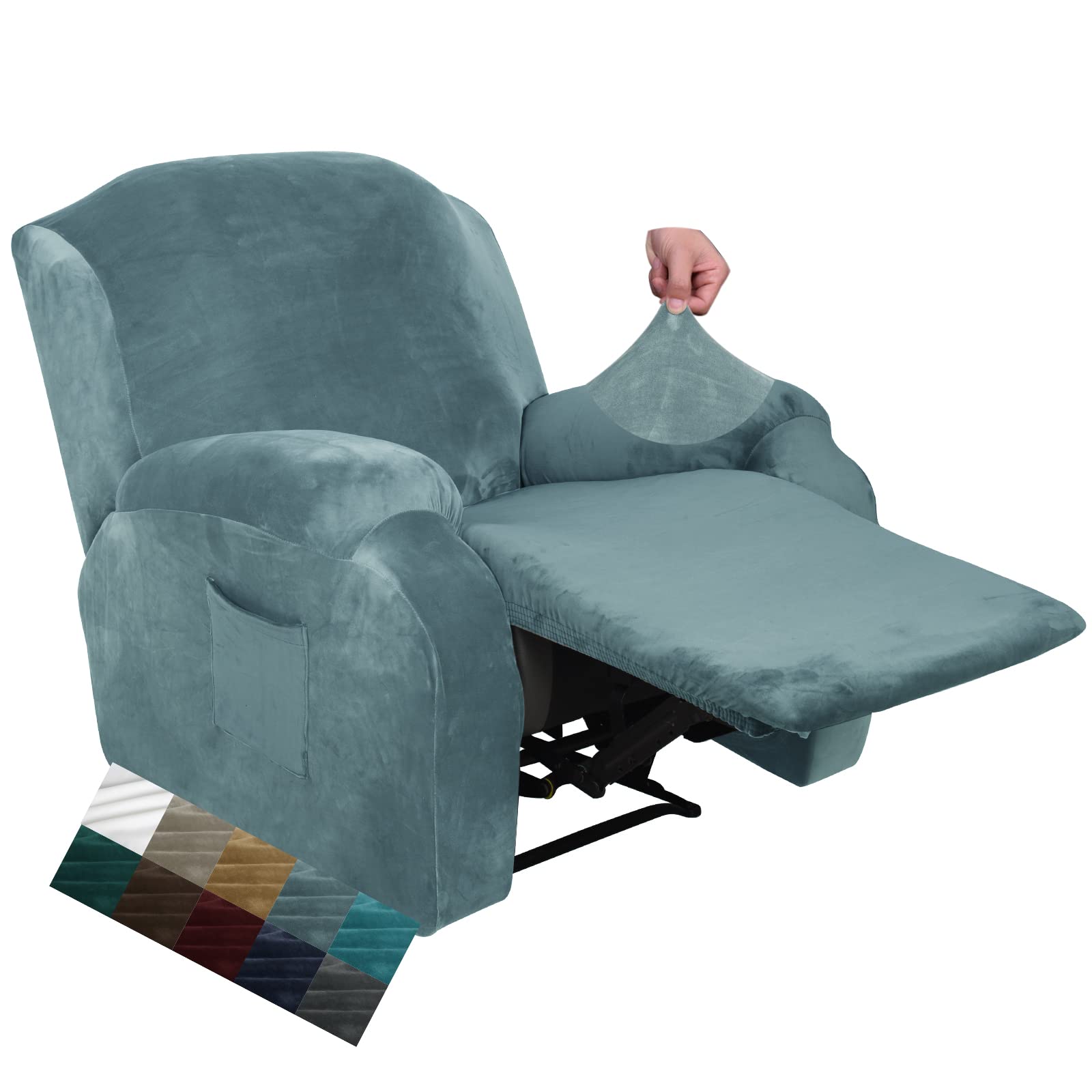 CHELZEN Velvet 4-Piece Recliner Cover Stretch Soft Cover for Recliner Chair Thick Soft Recliner Chair Slipcover (Dusty Blue)
