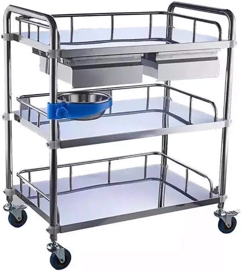 Stainless Steel Cart, Utility Cart Lab Serving Cart, 3-Tier Medical Cart with Wheels Lab Carts Serving Cart Shelf Dental Utility Rolling Cart