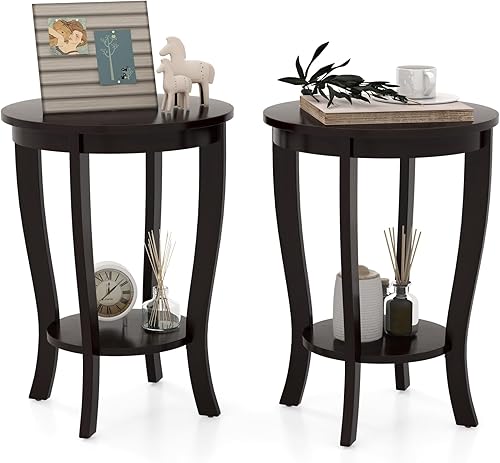 Miniatura 10 de KOTEK Mesa auxiliar redonda de 2 niveles, mesa auxiliar con estante de almacenamiento, mesita de noche moderna con patas de madera de goma maciza,