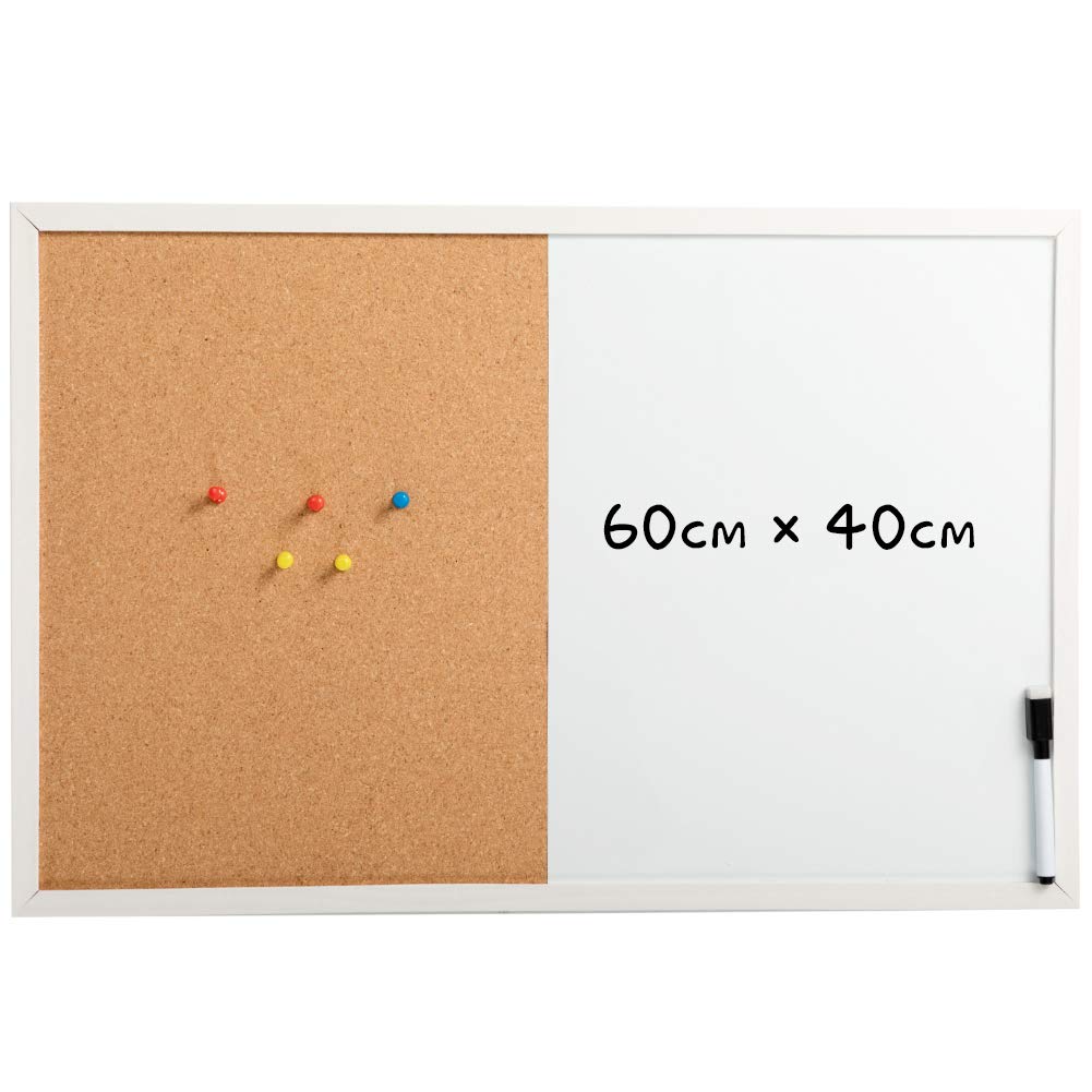 DOEWORKS 60 x 40cm Magnetic Whiteboard & Cork Board Combo Board, Wall Mounted Hanging Notice Board, Dry Erase and Bulletin Combination Board with White Wood FrameGlobal Recycled StandardGlobal Recycled StandardGlobal Recycled Standard