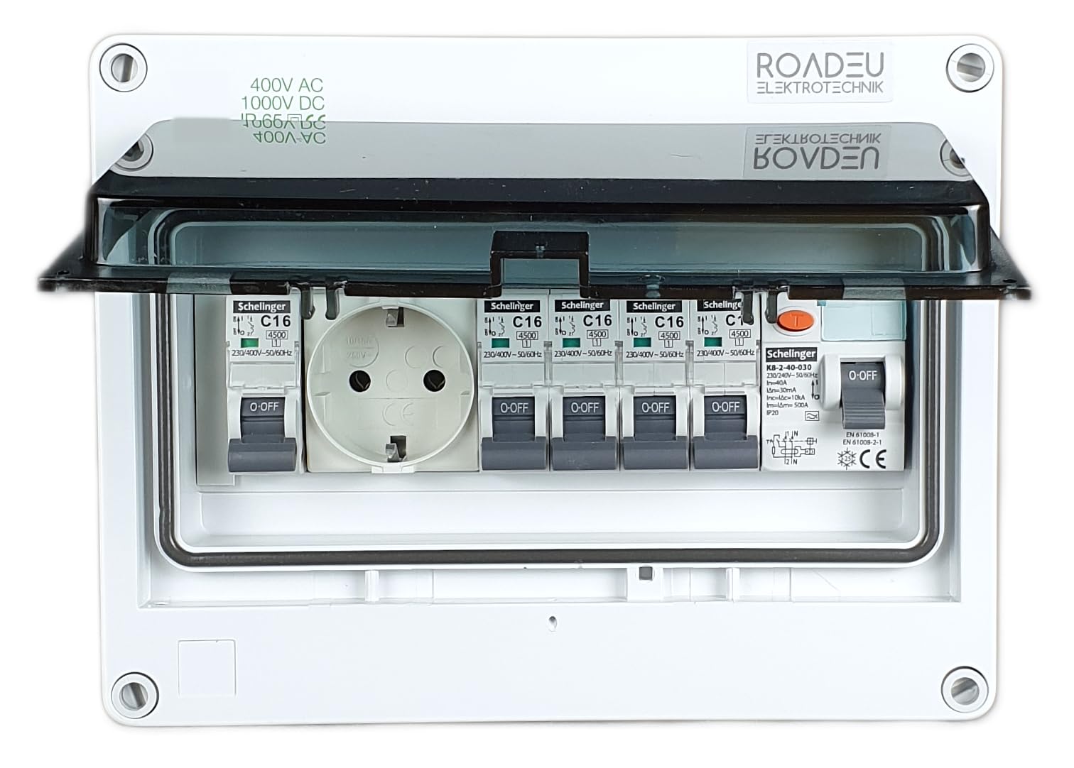 RoadEu Quadro elettrico IP65 con differenziale 5x C16A e Schuko | Differenziale TÜV, magnetotermici VDE, morsetti N+PE, pressacavo PG16, custodia IK08