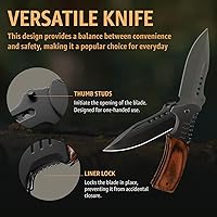 Vista 4 de Cuchillo de bolsillo para hombres con mango de madera, rompedor de vidrio y clip de bolsillo, hoja afilada de 3.66 pulgadas, cuchillos plegables