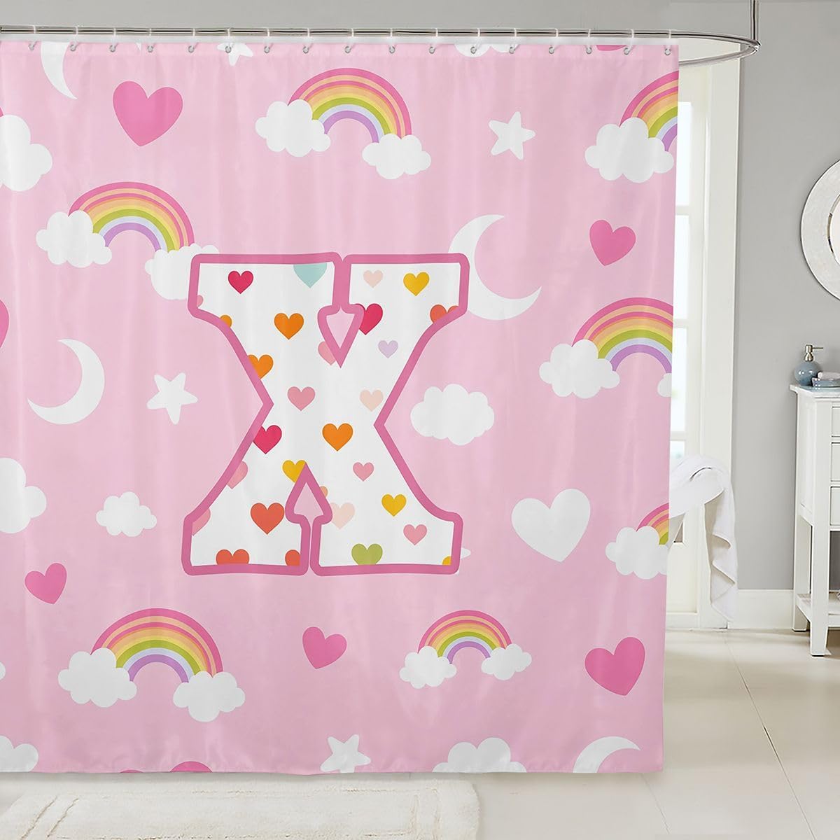 jejeloiu Cute Pink Rainbow Shower Curtain Star Moon Print Bath Curtain Personalized Letter X Bathroom Waterproof Accessories with 12 Hooks Colorful Love Heart Waterproof Polyester,72x72 Inches
