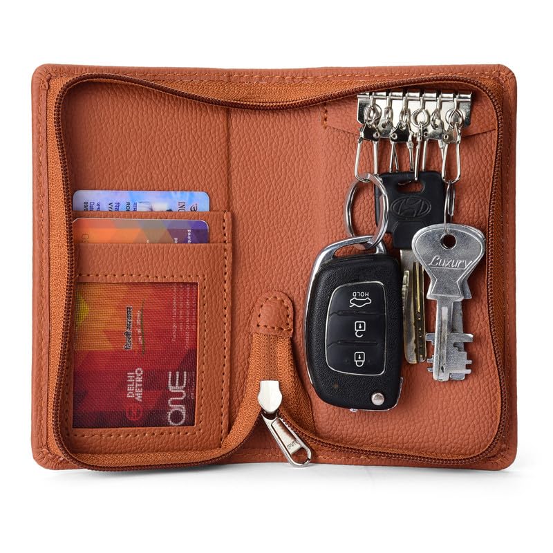 the case (Sarvika PU Leather Packi of 1 Key Case Pouch Wallet Keychain Key pouch holder Men & Women Key Pouch Holder, Bank Locker Key Pouch with 6 Hooks Zipper Closure-picture-47