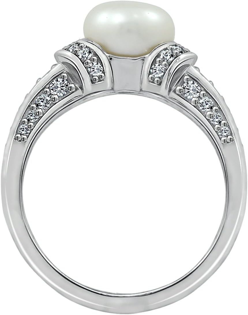 Amazon Essentials Platinum Plated Sterling Silver Infinite Elements Cubic Zirconia Freshwater Cultured Pearl Ring, (previously Amazon Collection) - Image 2