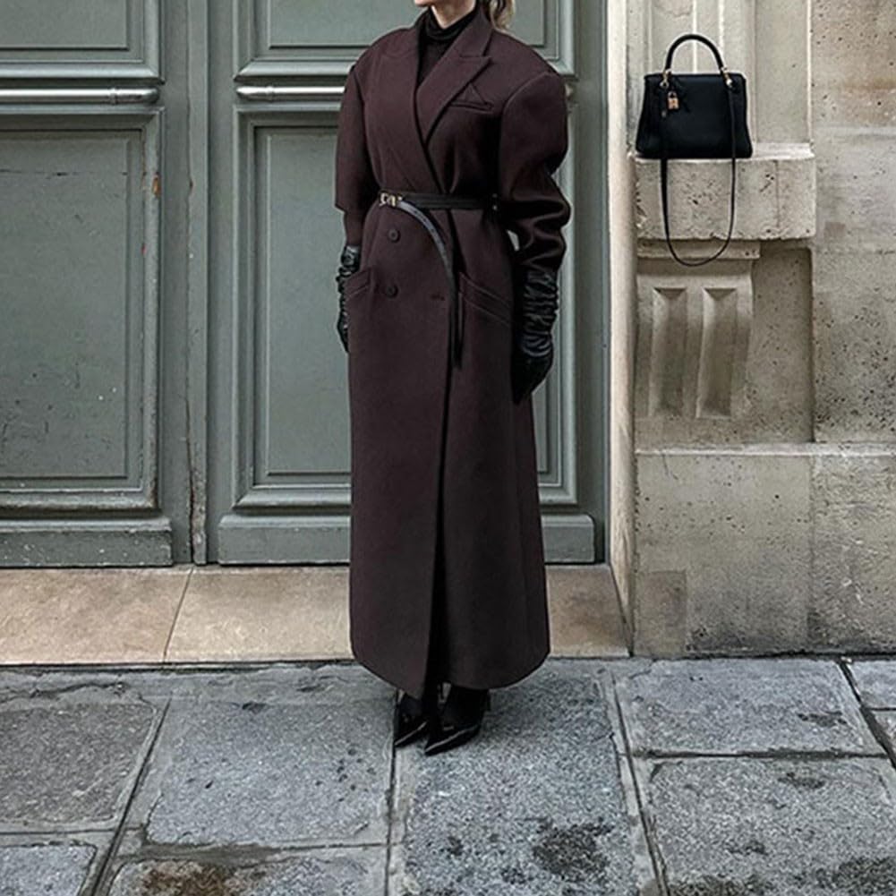 Giacca lunga da donna CY30568, colore puro, elegante, alla moda, per ufficio, pendolarismo, autunno, inverno, casual, lungo, di qualità, professionale, per lavoro (S marrone)