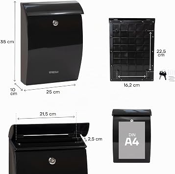 ARREGUI Briefkasten aus hochbeständigem Kunststoff Postkasten Größe M (DIN A4) witterungs und korrosionsbeständig Wandbriefkasten mit Schutzklappe Einfache Montage Schwarz 35 x 25 x 10 cm