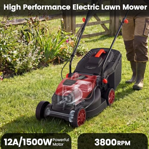 Image of DORTALA Lawn Mower, Corded 14 inch Electric Push Mower, 3-Position Cutting Height Adjustment, 9.3 Gal Grass Collection Box, 12 AMP Motor, 1500W, Lightweight Walk-Behind Mower for Small Medium Yard (Red)