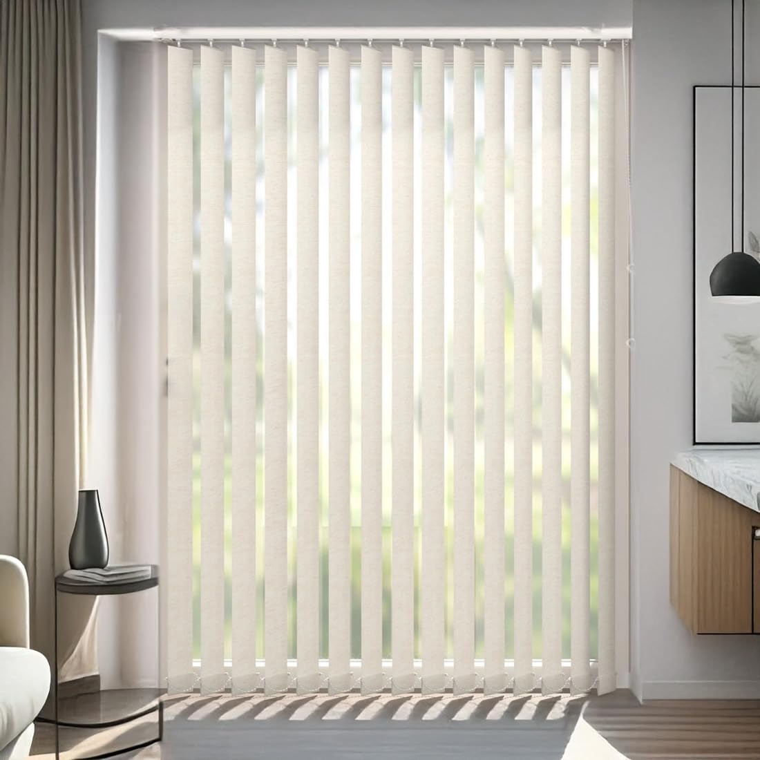 PANDAHOME Estor Vertical Stockholm 100% poliéster, Lamas pivotantes para Control de luz, fácil Montaje con Kit y Barra Ajustable. Ideal para Ventanas Grandes. Color Beige, hasta 250x260 cm.