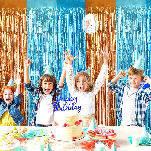 Image of TONIFUL Orange Blue Door Streamers,Blue and Orange Photo Booth Backdrop Metallic Streamers Foil Fringe Curtain for Birthday,New Year,Graduation,Grad,Bachelorette Party Streamers Decoration