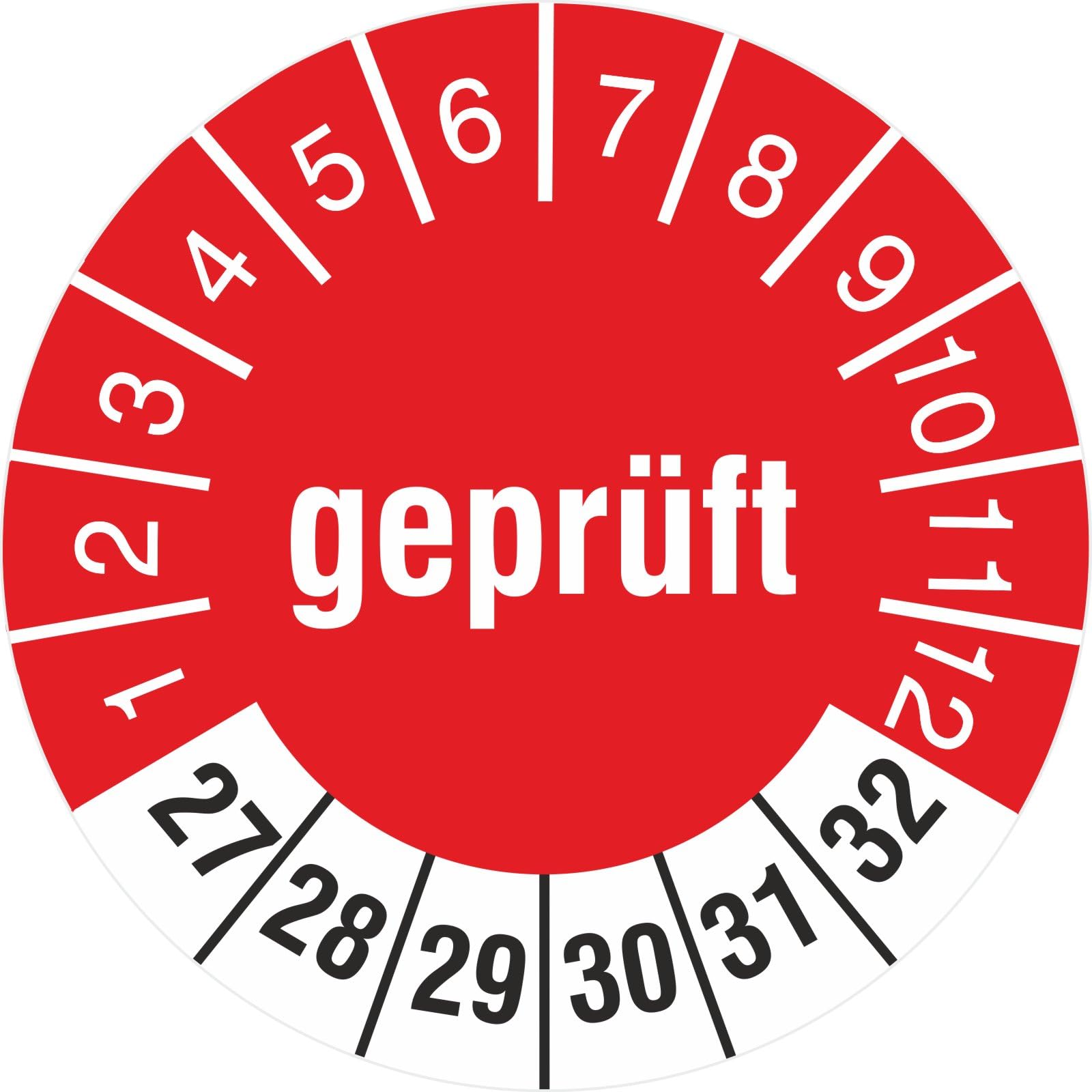1000 Prüfplaketten Prüfetiketten mit Aufdruck GEPRÜFT 30 mm 2027-2032 Rollenware stark haftend