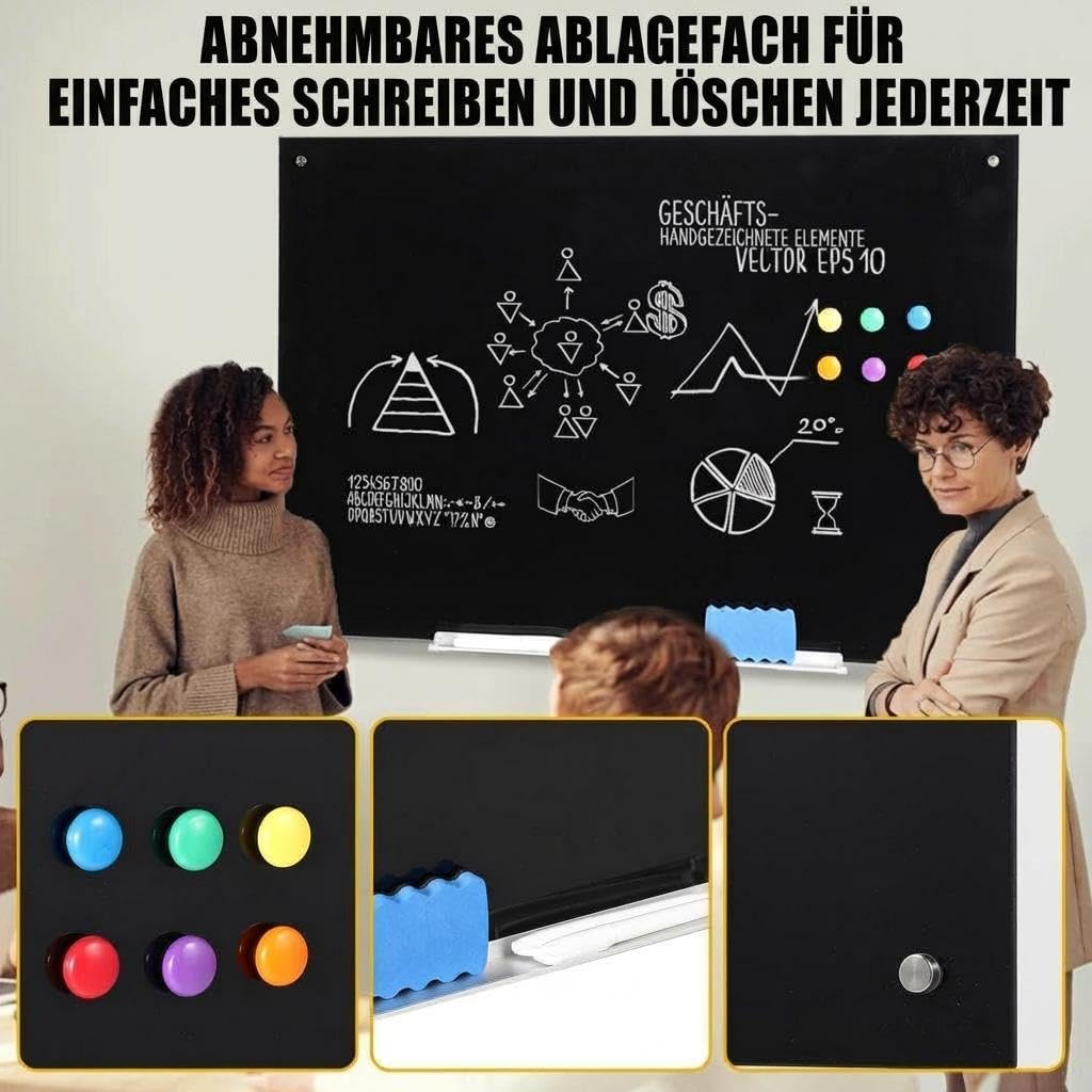 Garvee 60x45cm Glas Whiteboard Schwarz Rahmenlos Magnetische Schreibtafel