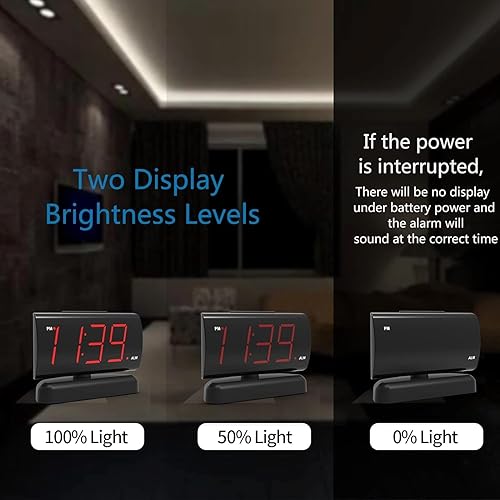 Miniatura 5 de GING YHAU Reloj despertador de dígitos grandes para dormitorio con base giratoria, 2 niveles de sonido de alarma, reloj digital de brillo de 2