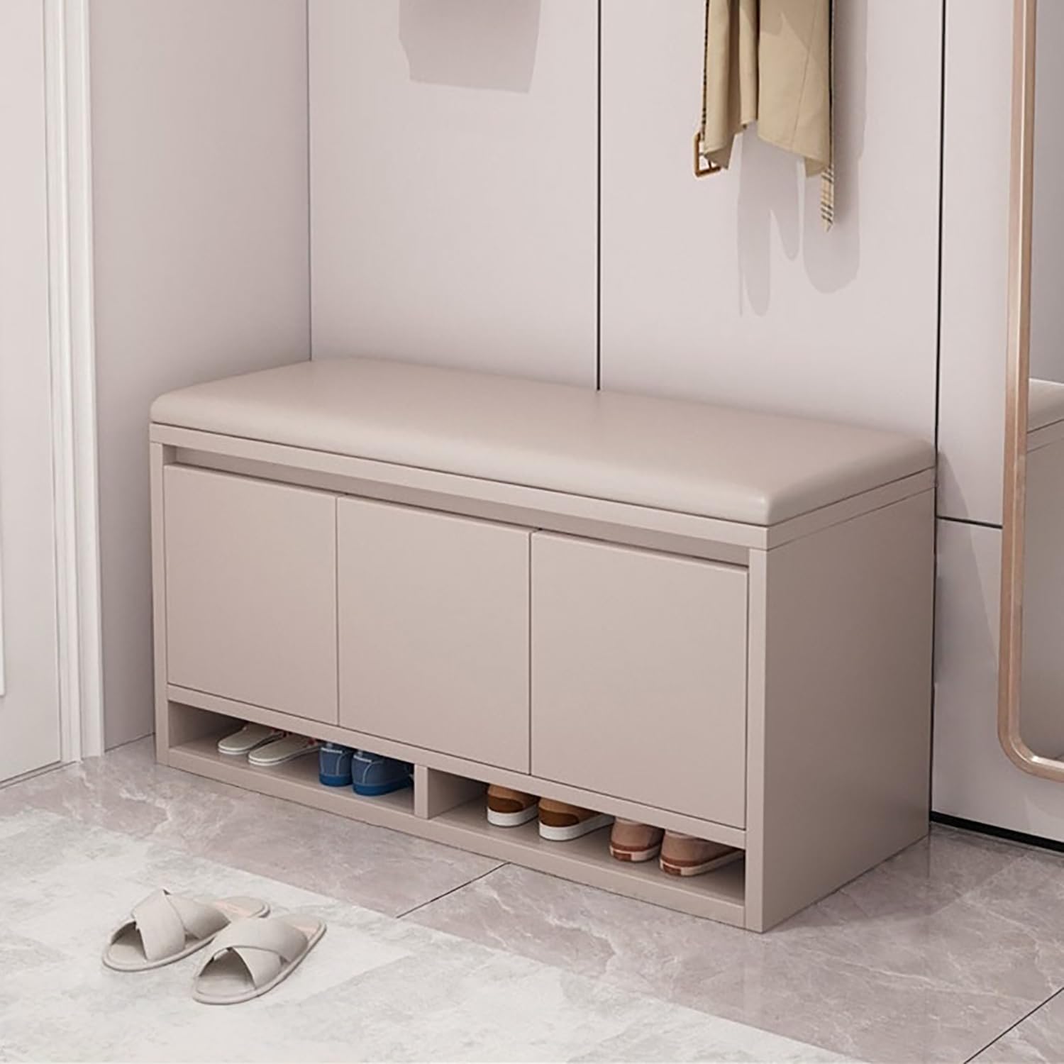 HWLYJQSNL Wood Shoe Storage Bench with Thickened Padded Seat Cushion 2-Tier Shoe Rack Entryway Bench with Doors Adjustable Shelf And Open Compartments, for Hallway,Living,Beige,100×35cm