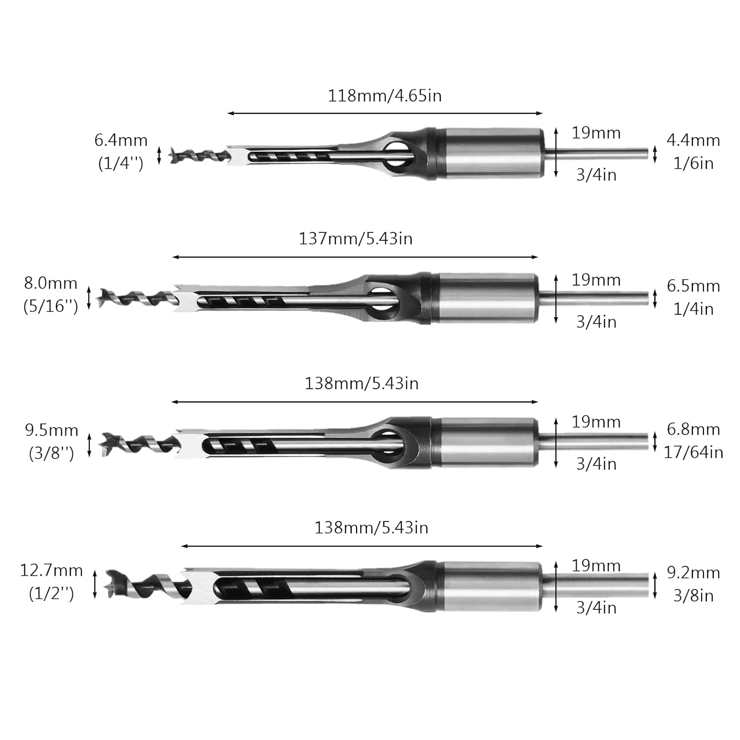4 Pcs Mortise Chisel Set 1/4 5/16 3/8 1/2 Inch Square Hole Drill Bits for Mortiser Wood Mortising Chisel Drill Bit Hollow Chisel Mortise and Tenon Drill Tools