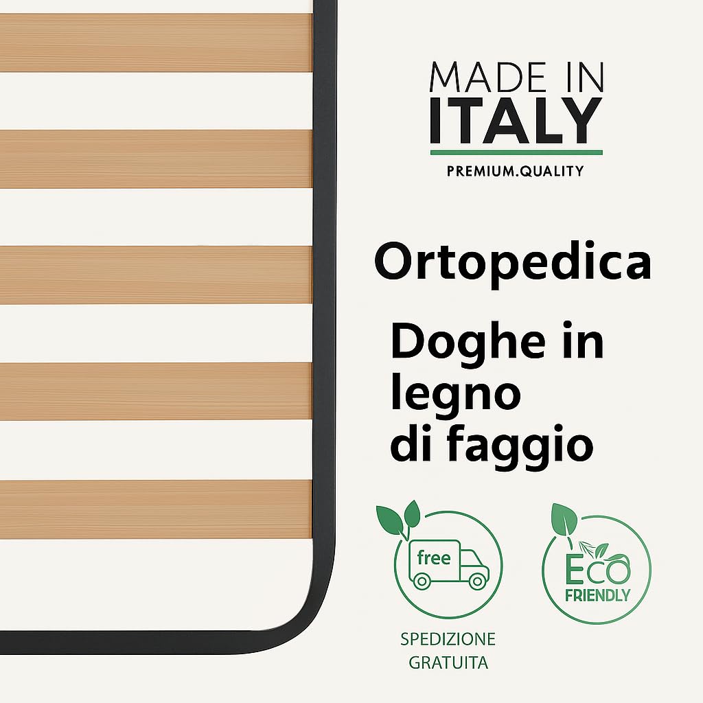 Rete a Doghe Ortopedica 120x190 Senza Piedi – Struttura in Tubolare Rinforzato, Doghe in Legno di Faggio Curvato – Rete da Appoggio per Materasso Una Piazza e Mezza Robusta, Silenziosa e Anticigolio