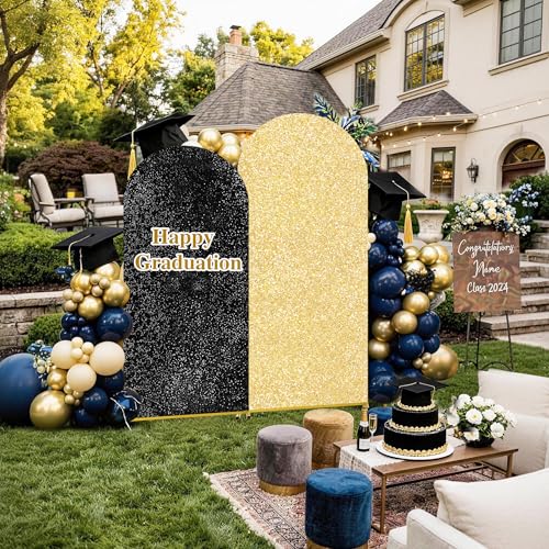 Image of Graduation Arch Backdrop Cover Set of 2 (7.2ft+6ft) Black Gold Sequin Arch Backdrop Balloon Arch Cover Party Decorations for Birthday Party Ceremony Events Decor