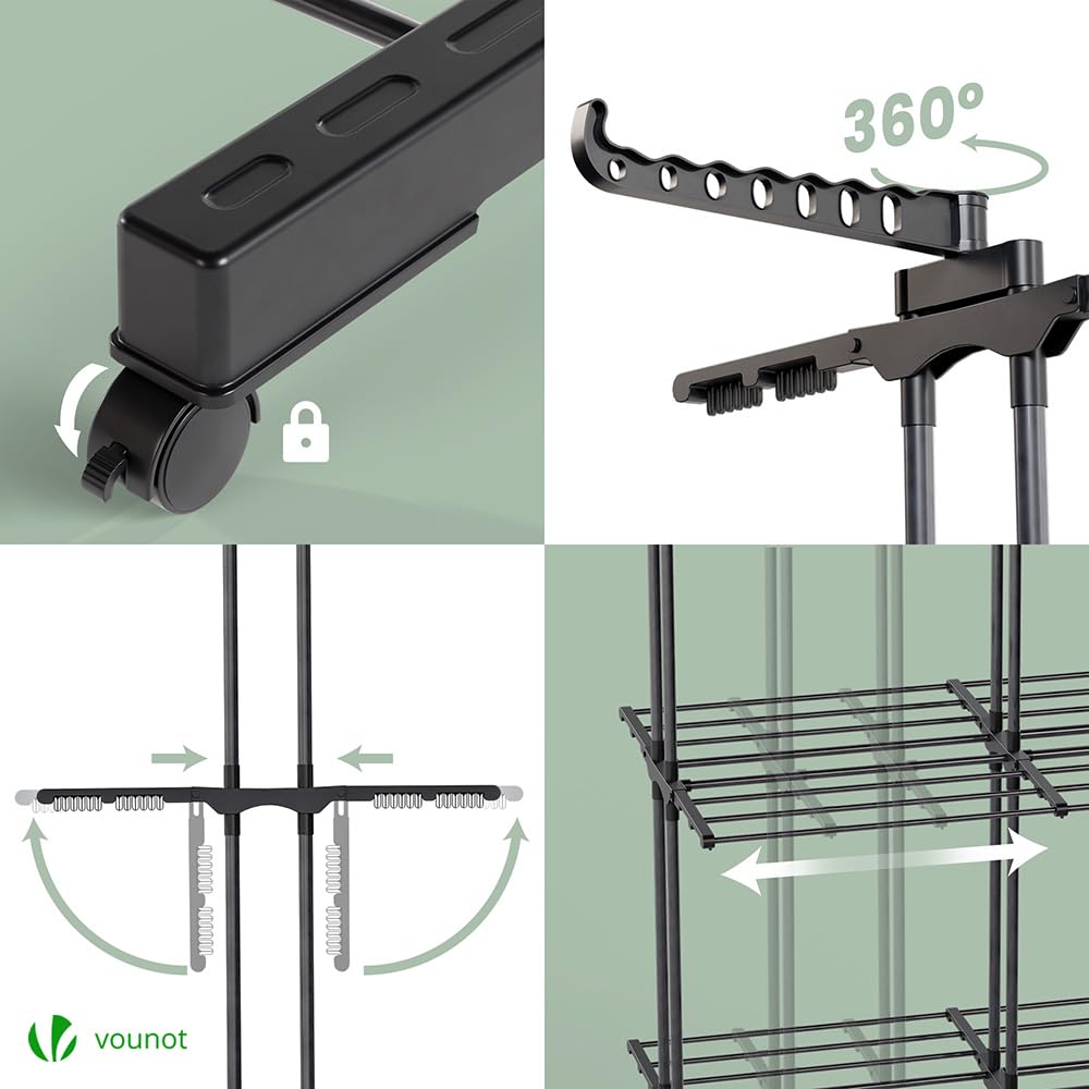 VOUNOT® Wäscheständer Turm Ausziehbar, Platzsparender Turmwäscheständer für Innen & Außen, mit Faltbaren Flügeln, Teleskopstange und 6 Rollen, 40m Trockenlänge, 3 Ebenen, Schwarz