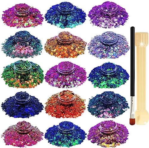 Nail Glitter SUPGIFT 15 Colors 130g Holographic Chunky Cosmetic Chameleon Sequins for Makeup Hair Body Art Slime Craft Resin with Brush 5 Spoons