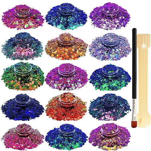 Nail Glitter Supgift 15 Colors 130G Holographic Chunky Cosmetic Chameleon Sequins For Makeup Hair Body Art Slime Craft Resin With Brush 5 Spoons #TOP21