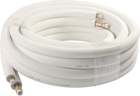 ICOOL 25 Ft. Mini Split Line Set, 1/4 & 1/2 O.D. Twin Copper Pipes, 3/8 Thickened PE Insulated Coil Copper Line with Nuts for Air Conditioner HVAC Refrigeration and Heating, without Fittings