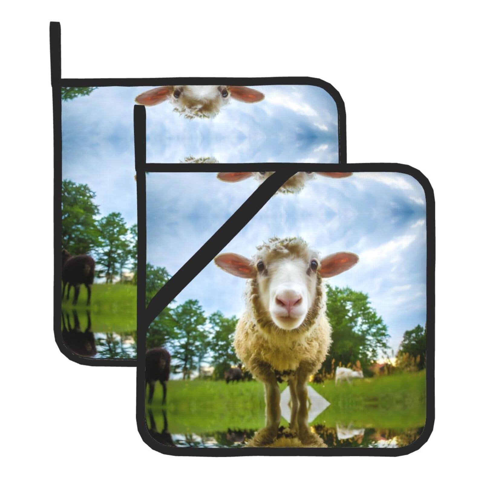 WHJSSF Sheep Looking Camera Prints Square Pot Holders - Heat Resistant Kitchen Trivets 2-Pack - Waterproof Covers for Hot Dishes, Oven & Grill with Hanging Loop