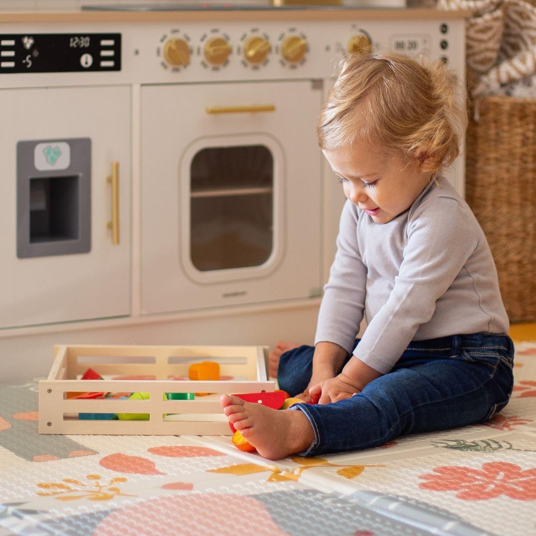 Mamabrum Frutas y Verduras Juguete - Set de Comida Madera con 17 Elementos Magnéticos - Comida de Juguete para Cocinita Infantil con Tabla, Cuchillos y Caja Almacenamiento - 3+ Años