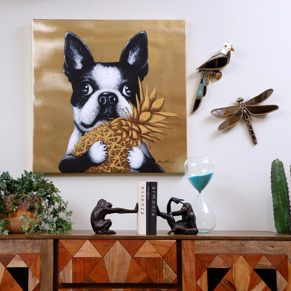 Kare Design Cuadro Touched Dog with Pineapple, Oro/Multicolor, Pintura en Lienzo, Perro, Algodón, Marco de Madera de Abeto, Detalles Pintados a Mano, 80x80x4 cm