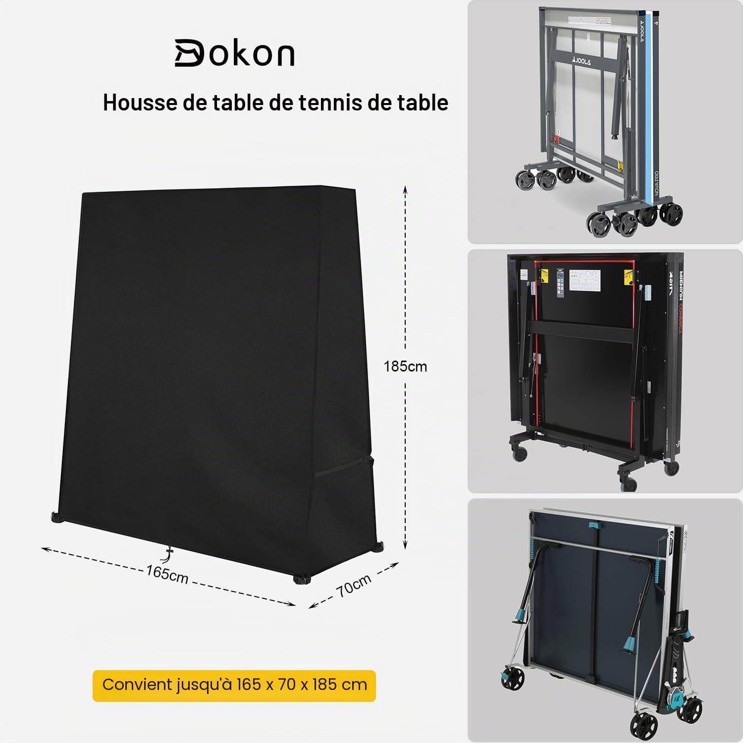 Dokon Housse Table de Ping Pong Exterieur Imperméable Indéchirable Housse de Protection Tables de Tennis de Table Anti-Vent Anti-UV Tissu Oxford 420D Bache Tables de Ping Pong (165x70x185cm) - Noir