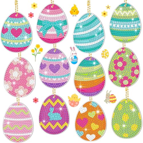 CATZUM 12 Pièces DIY Œufs de Pâques Porte-Clés, Peinture Diamant 5D, Kit de Diamant, Pâques Pendentifs d'Oeufs, Kit de Décoration de Pâques, Peinture...