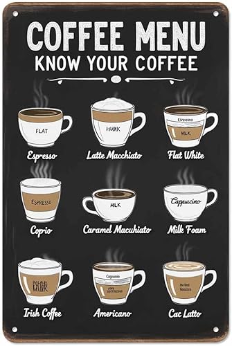 AOYEGO Letrero de lata de menú de café, tipos de lista de café sobre fondo negro, letreros de metal vintage para cafeterías, bares, pubs, tiendas,
