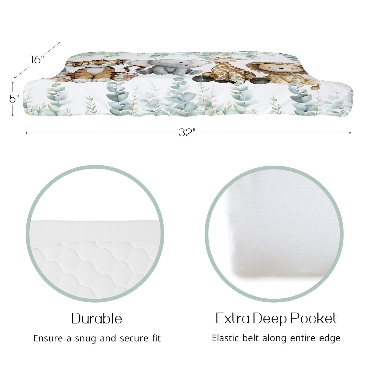 HawSkgFub African Safari Jungle Animals Eucalyptus Leaf Changing Pad Cover Baby Girl Boy, Giraffe Elephant Leopard Lion Zebra Diaper Change Table Sheet Soft Stretchy Safe Snug Fitted Fit 32"/34" x 16"