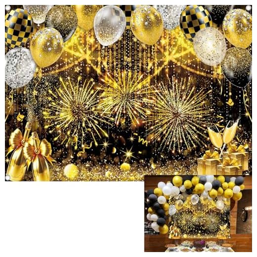 Black Gold Glitter Backdrop Black and Gold Ballon Photography Background Prom New Years Wedding Birthday Party Decoration Banner Photo Supplies (Gold, 8x6FT(94 x 70 inch))