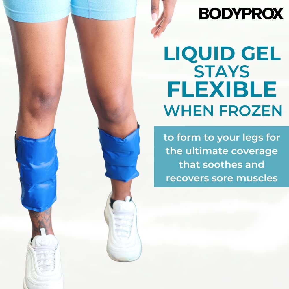  A person wearing blue shorts and white sneakers has two blue Bodyprox Shin Splint Ice Packs wrapped around their shins, secured with black Velcro straps. The text overlay reads, 