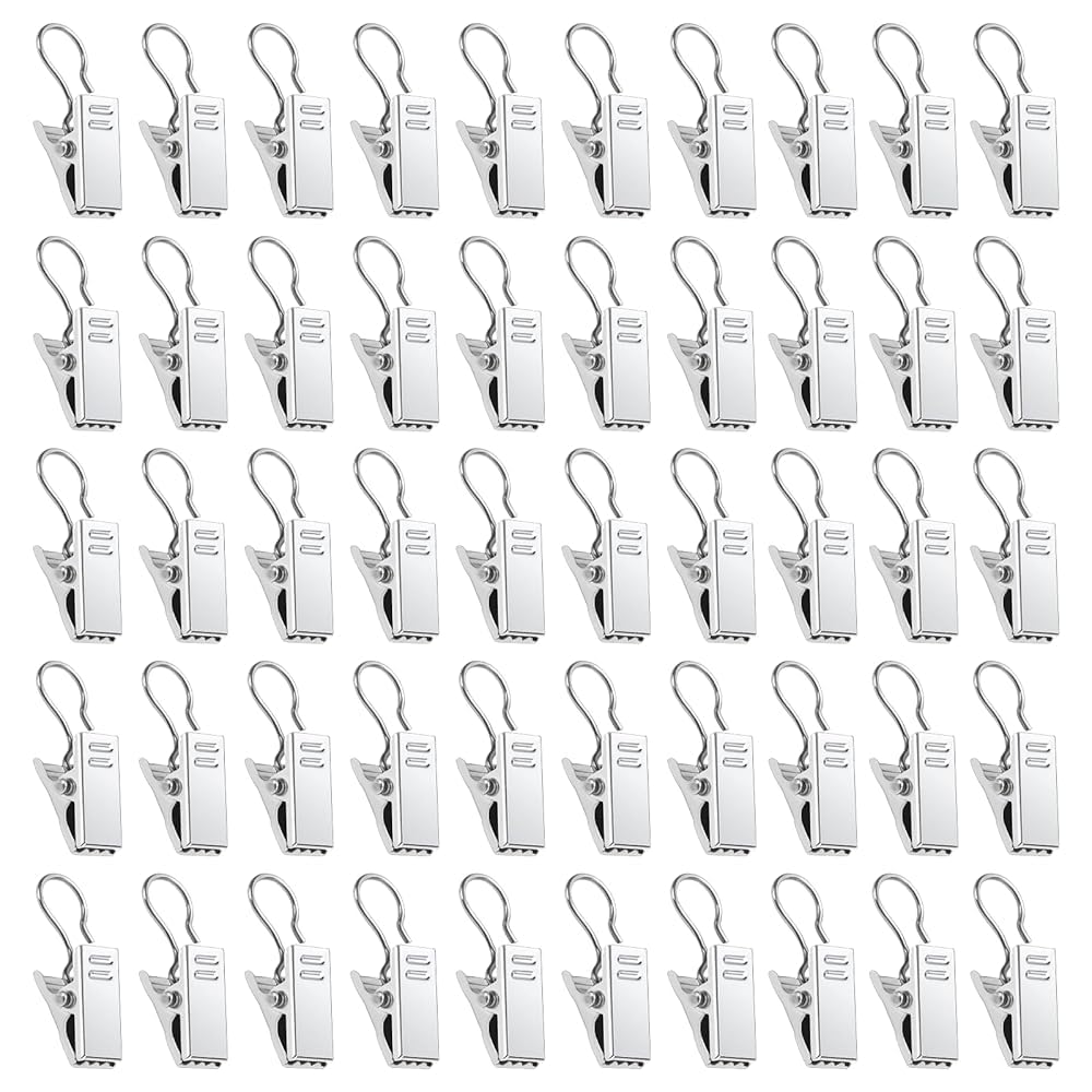 50PCS Stainless Steel Curtain Hooks, Heavy-Duty Hook Clip Set, Light Hangers Wire Holders for Home Decorations, Bathroom, Shower Curtains, Photo Decors (Silver)